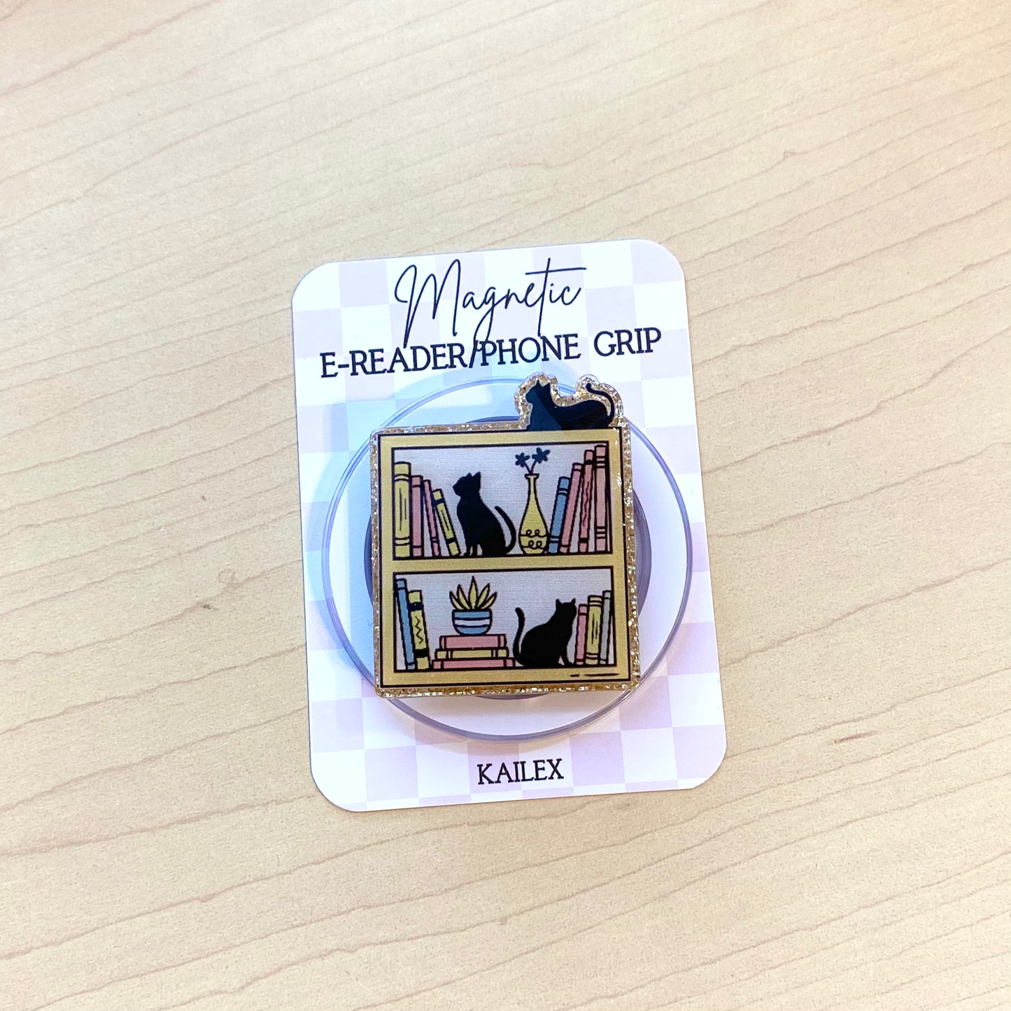 Kitty Bookshelf E-Reader, Phone Grip for all Devices - Magnetic or Adhesive