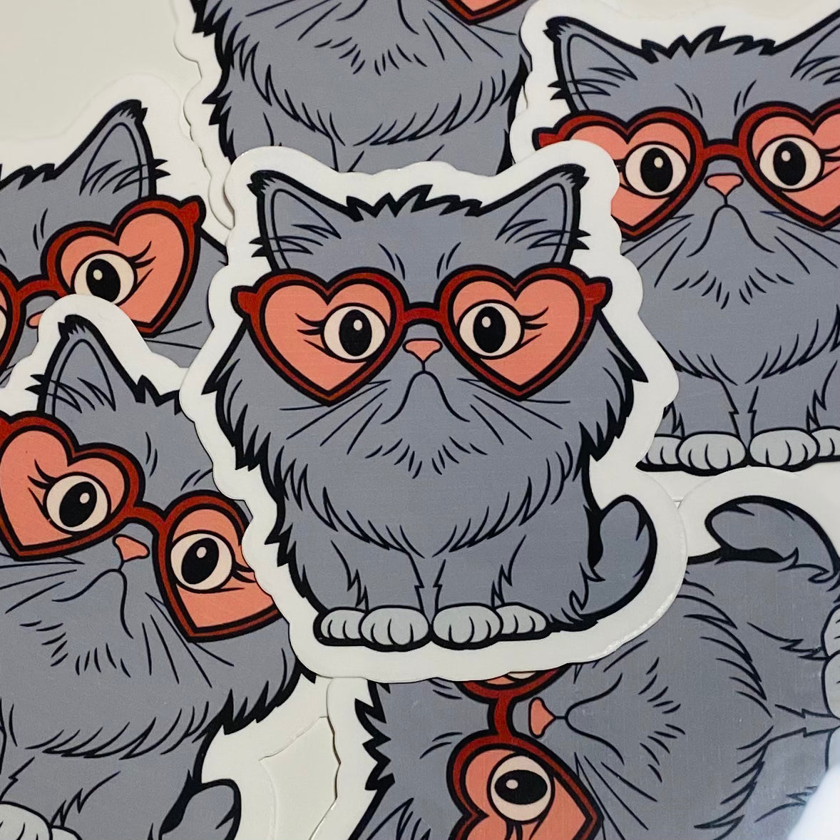 Grey Cat with Heart Glasses Sticker