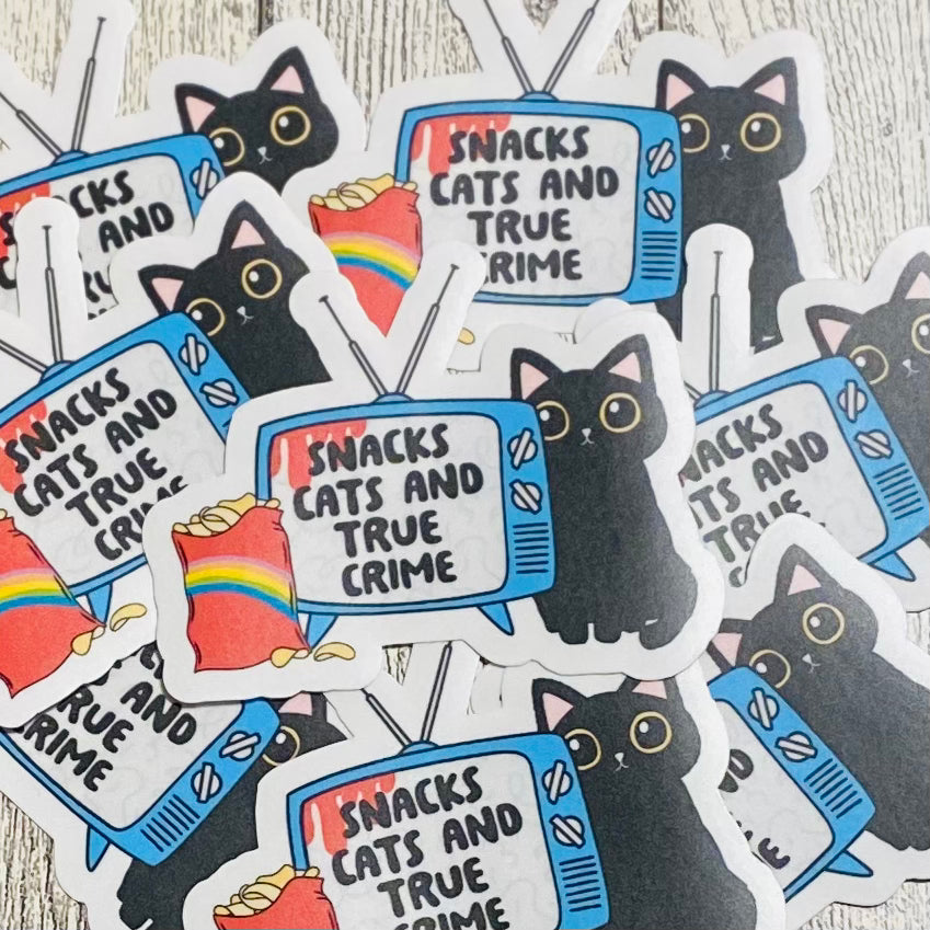 Snacks , Cats, and True Crime with TV and cat Sticker