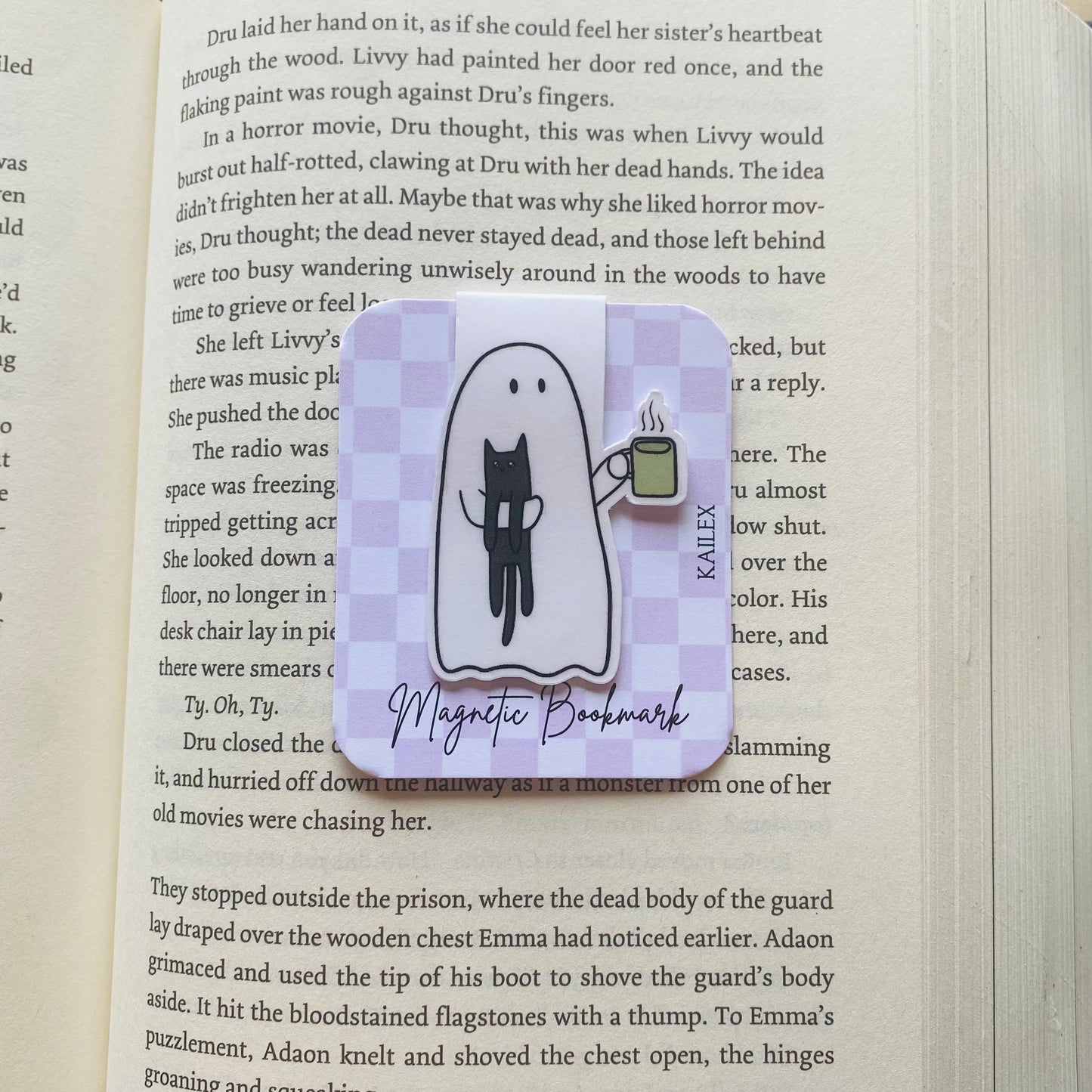 Ghost holding black cat and coffee Magnetic Bookmark