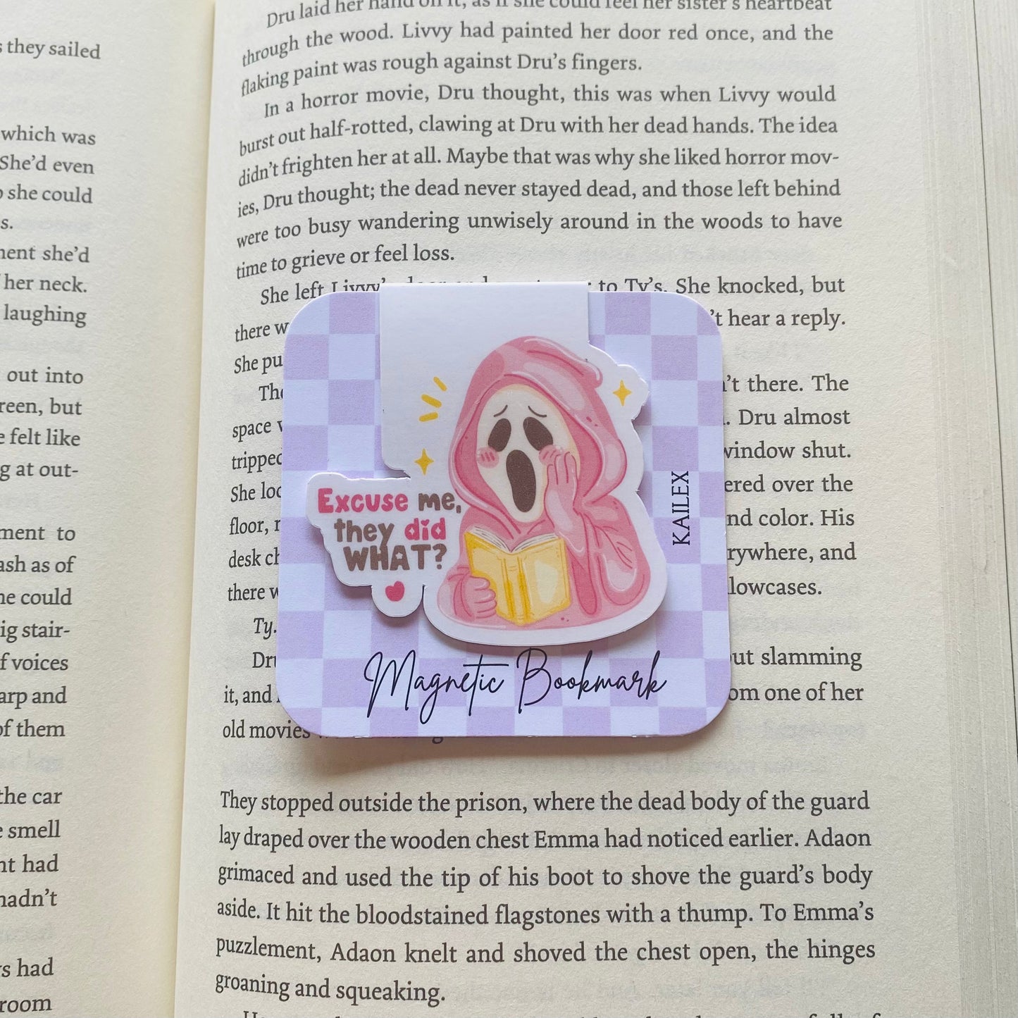 Excuse me, they did what? pink ghost reading yellow book Magnetic Bookmark