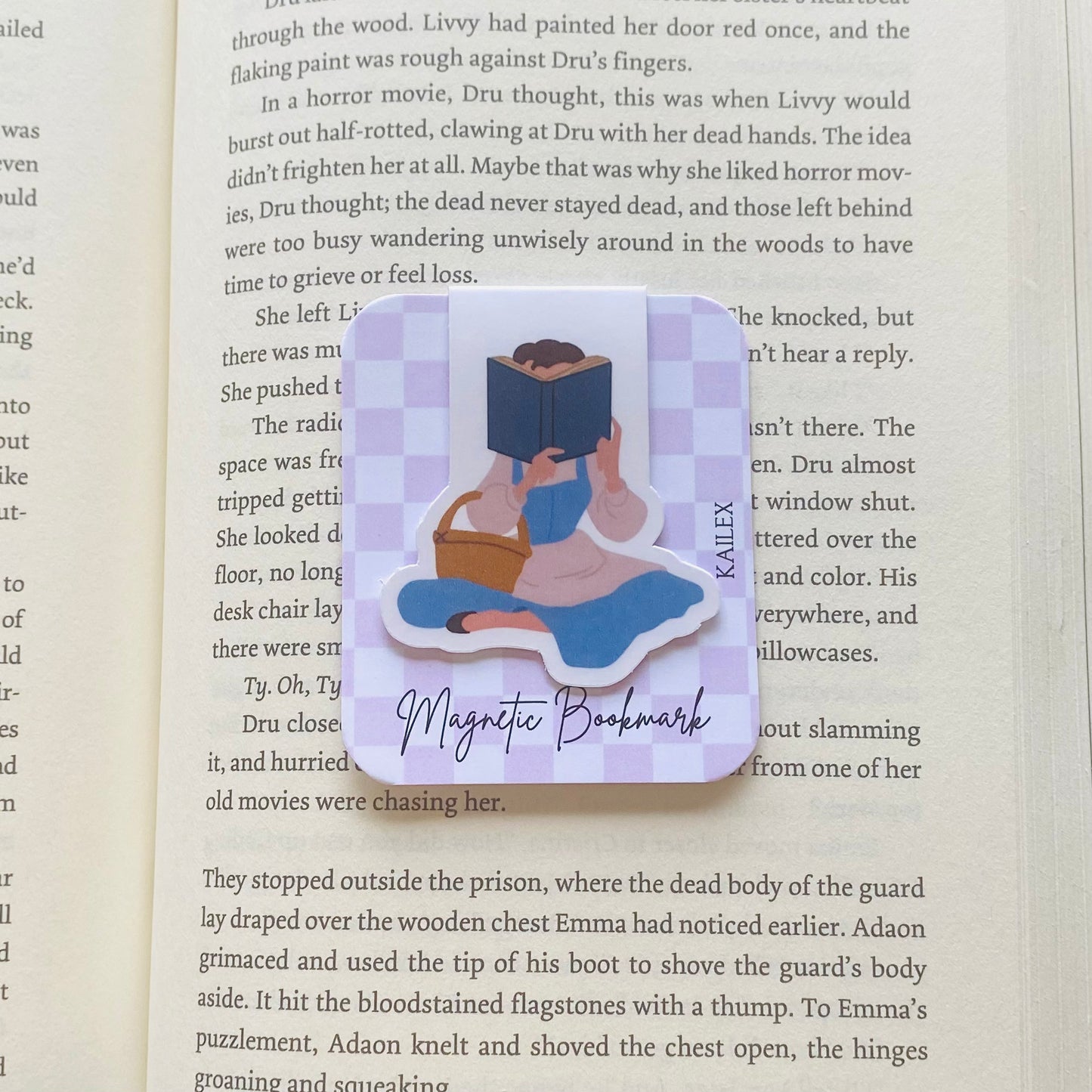 Girl in blue dress reading book Magnetic Bookmark