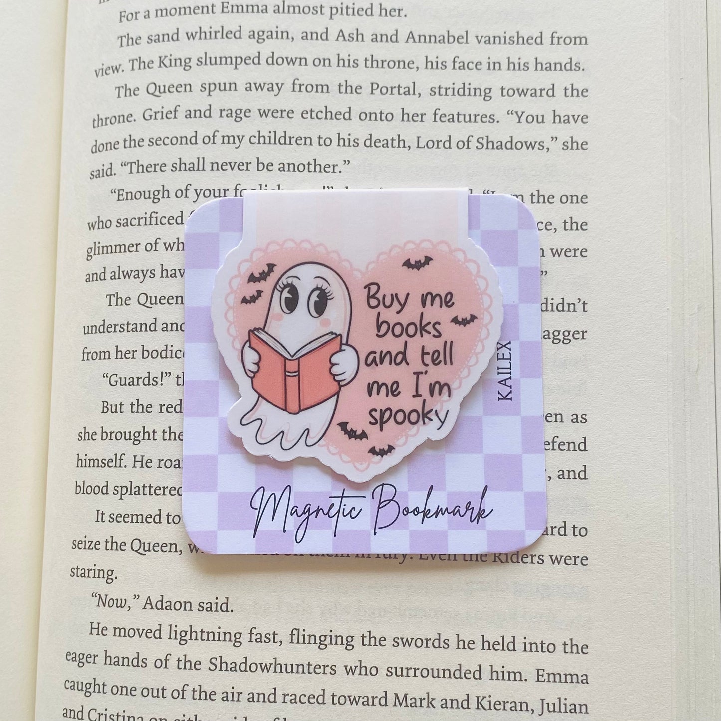Buy me books and tell me I'm spooky ghost with book in pink heart Magnetic Bookmark