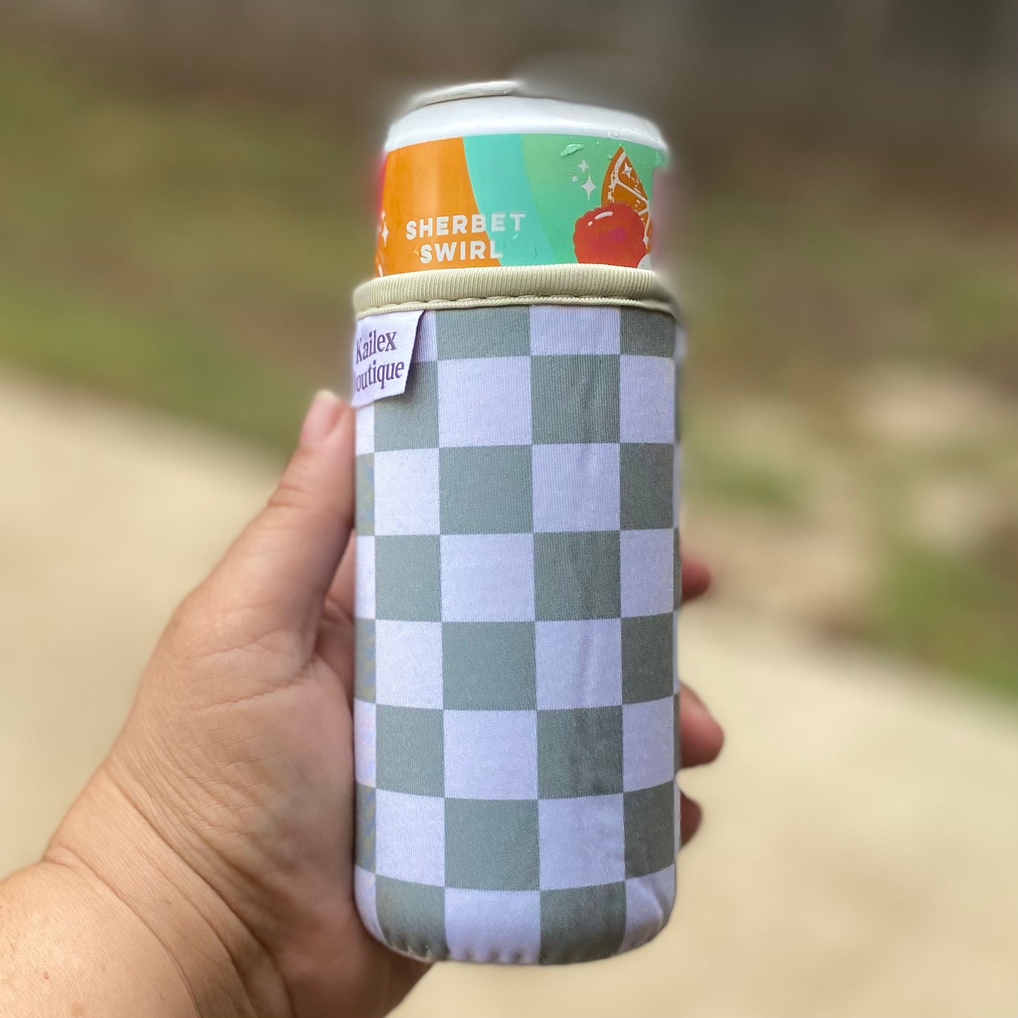 Checkered Slim can cooler sleeve for 12oz can, drinks