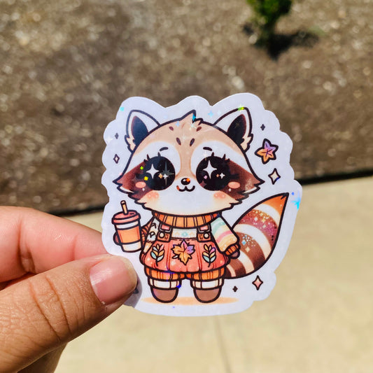 Holographic Pumpkin Spice Cute Raccoon 3" Sticker*