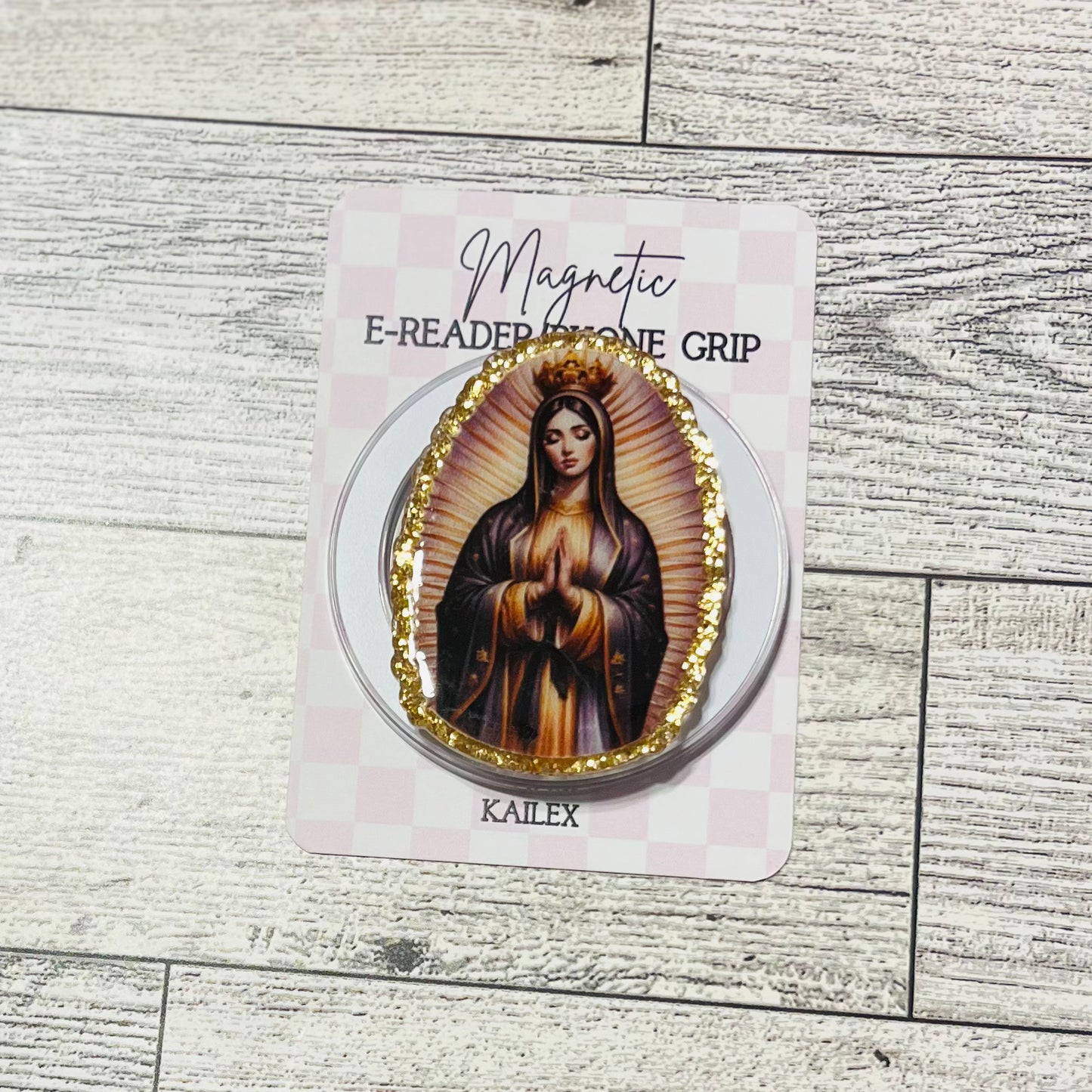 Golden Our Lady of Guadalupe with gold trim - E-Reader, Phone, Kindle Grip for all Devices Magnetic Grip