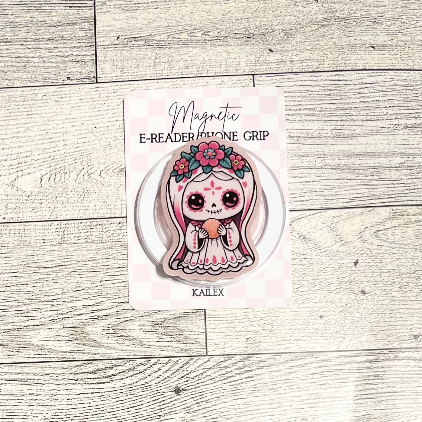 Pink Catrina in White Dress and Veil holding bread - E-Reader, Phone, Kindle Grip for all Devices Magnetic Grip