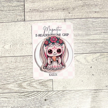 Pink Catrina in White Dress and Veil holding bread - E-Reader, Phone, Kindle Grip for all Devices Magnetic Grip