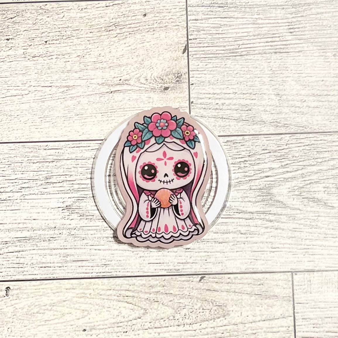Pink Catrina in White Dress and Veil holding bread - E-Reader, Phone, Kindle Grip for all Devices Magnetic Grip