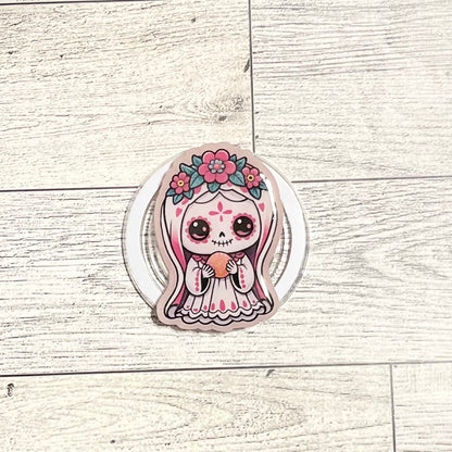Pink Catrina in White Dress and Veil holding bread - E-Reader, Phone, Kindle Grip for all Devices Magnetic Grip