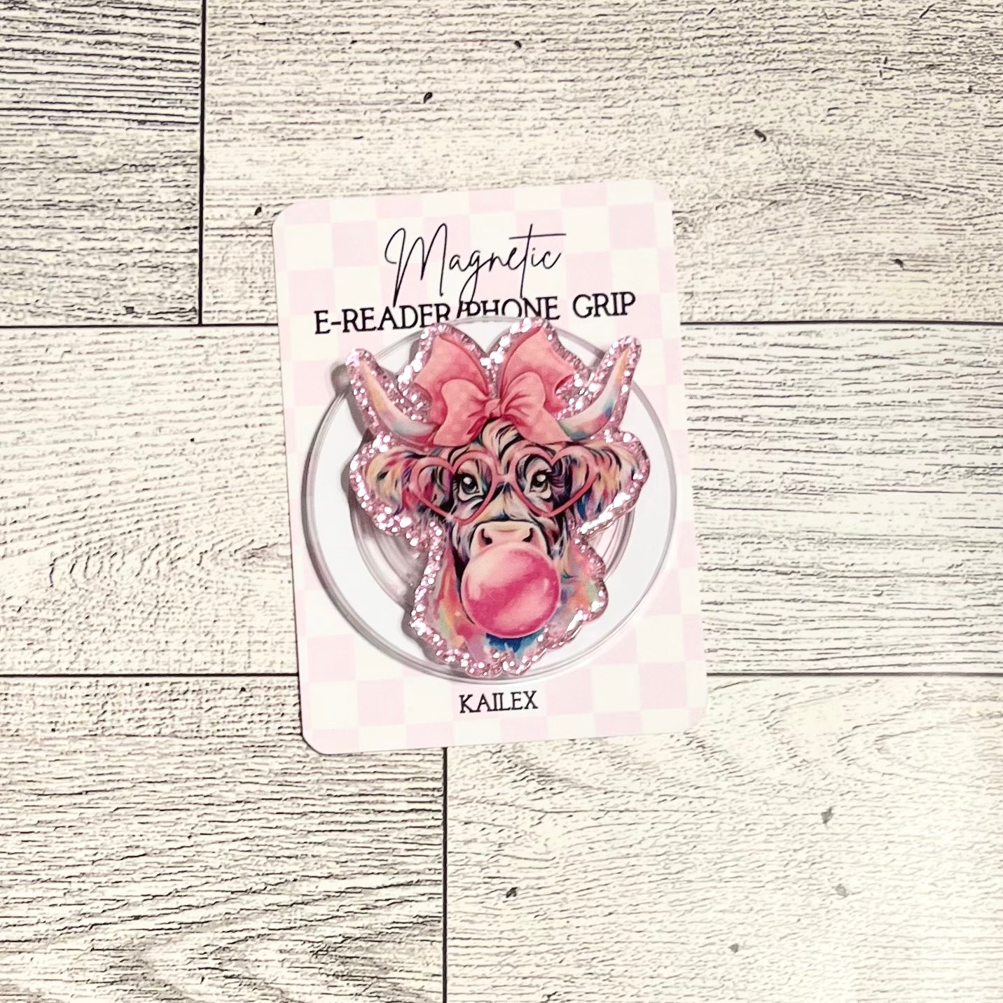 Pink Cow with bow and bubblegum - E-Reader, Phone, Kindle Grip for all Devices Magnetic Grip