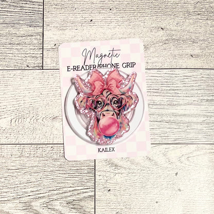 Pink Cow with bow and bubblegum - E-Reader, Phone, Kindle Grip for all Devices Magnetic Grip