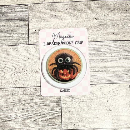 Big eyed Spider on pumpkin Halloween glow in the dark - E-Reader, Phone, Kindle Grip for all Devices Magnetic Grip