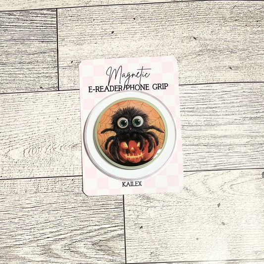 Big eyed Spider on pumpkin Halloween glow in the dark - E-Reader, Phone, Kindle Grip for all Devices Magnetic Grip