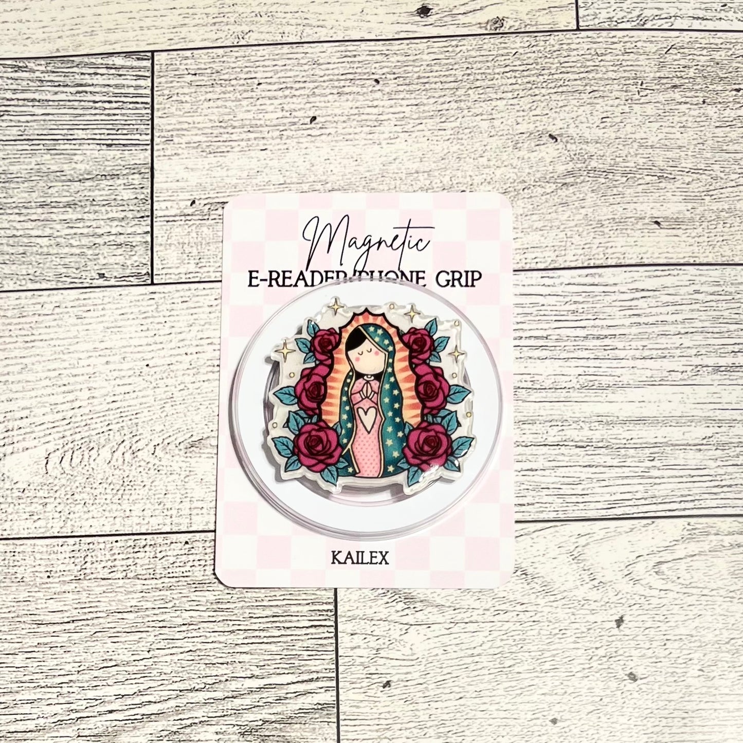 La Virgencita with pink flowers, Cartoon version. - E-Reader, Phone, Kindle Grip for all Devices Magnetic Grip