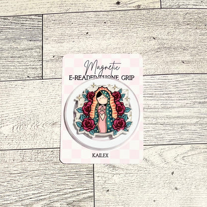 La Virgencita with pink flowers, Cartoon version. - E-Reader, Phone, Kindle Grip for all Devices Magnetic Grip