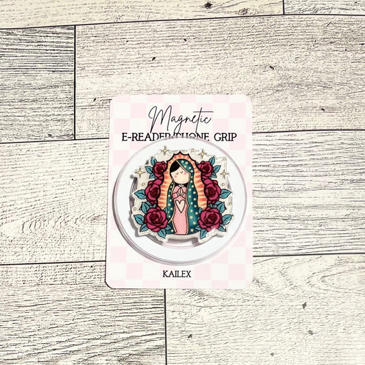 La Virgencita with pink flowers, Cartoon version. - E-Reader, Phone, Kindle Grip for all Devices Magnetic Grip