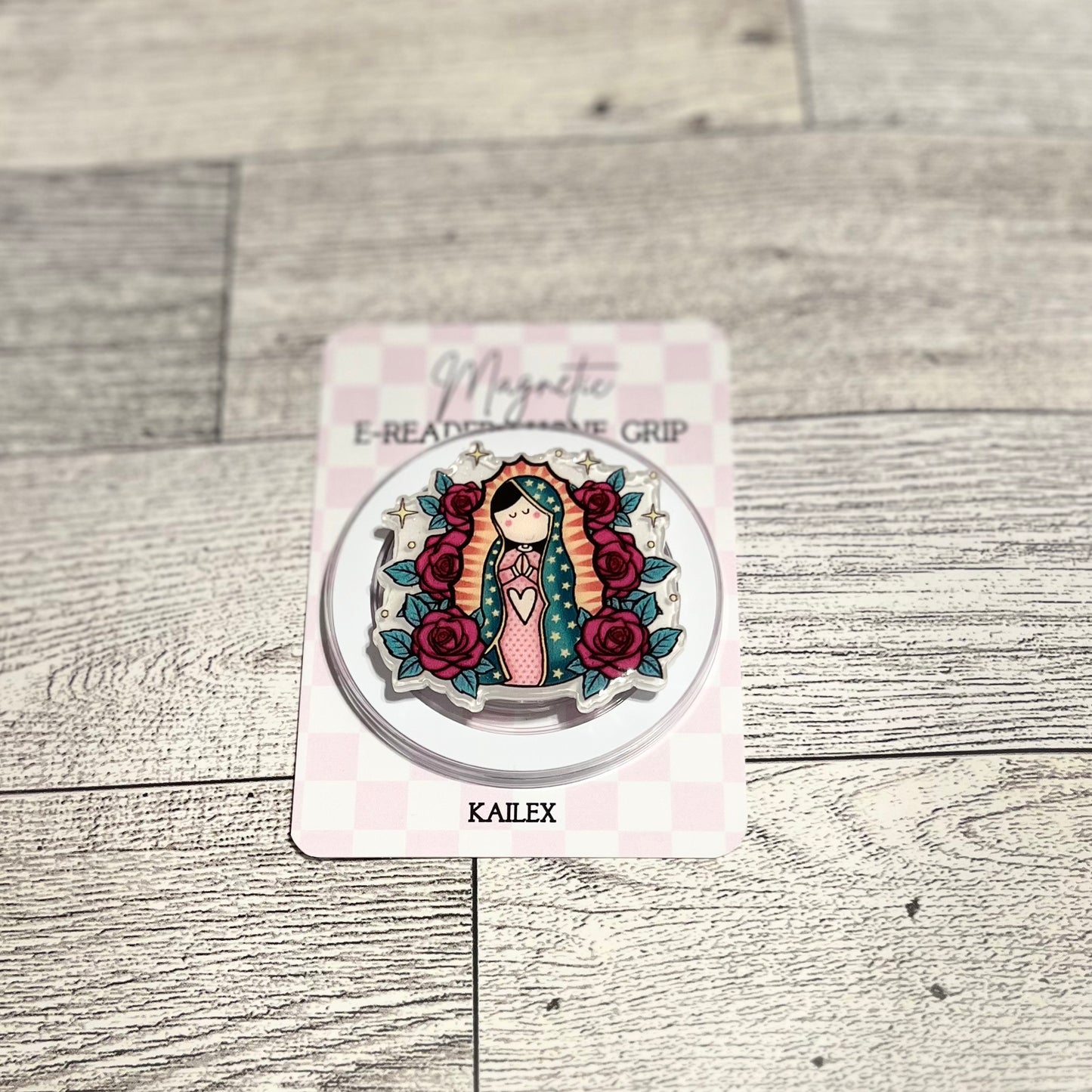 La Virgencita with pink flowers, Cartoon version. - E-Reader, Phone, Kindle Grip for all Devices Magnetic Grip