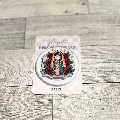 La Virgencita with pink flowers, Cartoon version. - E-Reader, Phone, Kindle Grip for all Devices Magnetic Grip