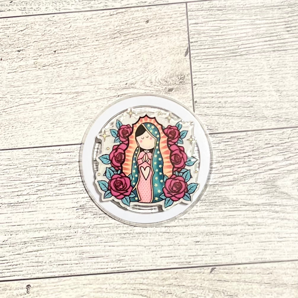 La Virgencita with pink flowers, Cartoon version. - E-Reader, Phone, Kindle Grip for all Devices Magnetic Grip
