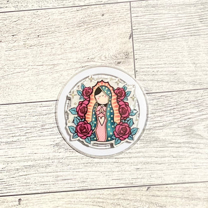 La Virgencita with pink flowers, Cartoon version. - E-Reader, Phone, Kindle Grip for all Devices Magnetic Grip