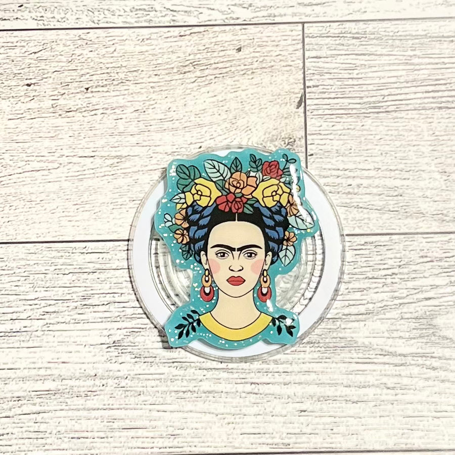 Frida with colorful Flower Crown with blue background- E-Reader, Phone, Kindle Grip for all Devices Magnetic Grip
