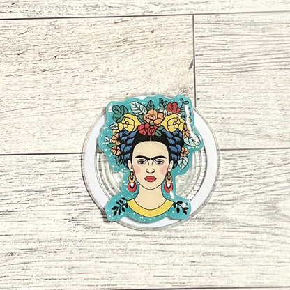 Frida with colorful Flower Crown with blue background- E-Reader, Phone, Kindle Grip for all Devices Magnetic Grip