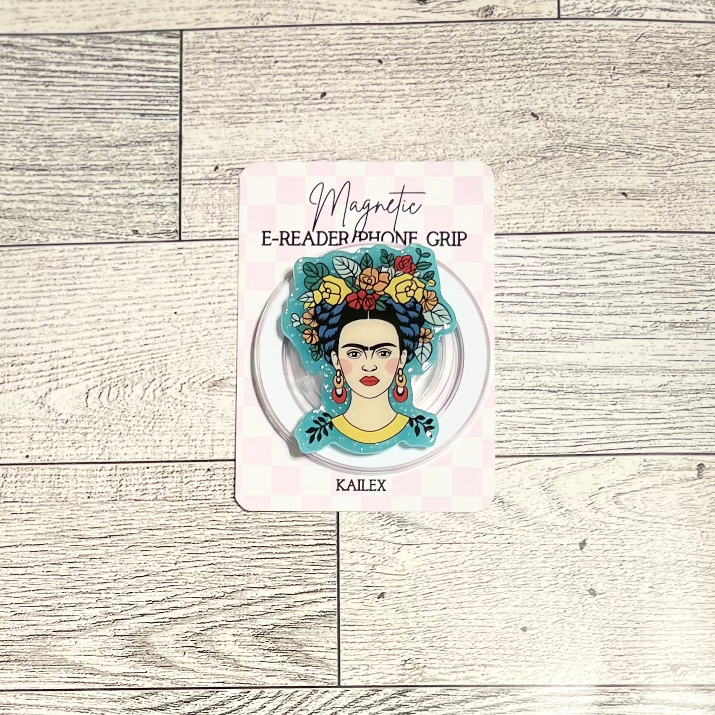 Frida with colorful Flower Crown with blue background- E-Reader, Phone, Kindle Grip for all Devices Magnetic Grip