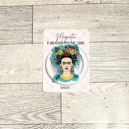 Frida with colorful Flower Crown with blue background- E-Reader, Phone, Kindle Grip for all Devices Magnetic Grip