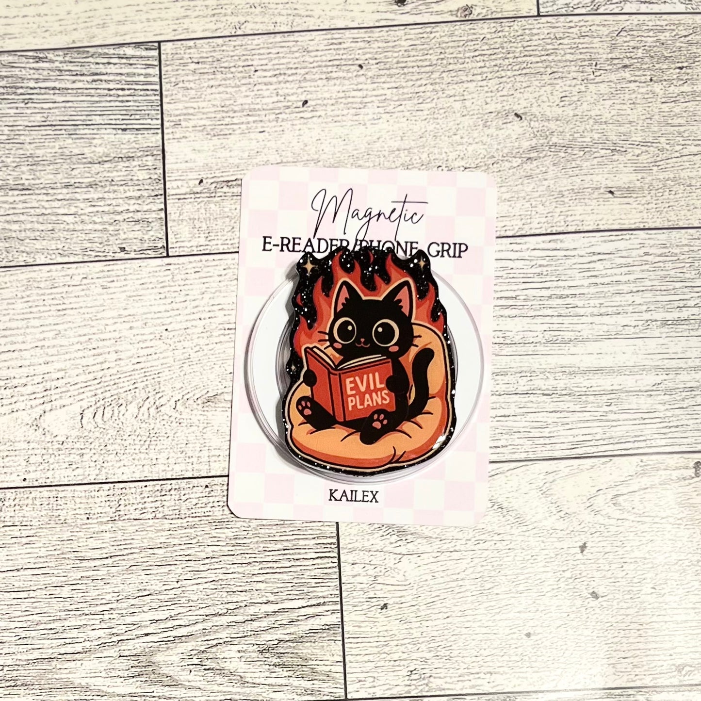 Evil Plans black cat reading a book- E-Reader, Phone, Kindle Grip for all Devices Magnetic Grip