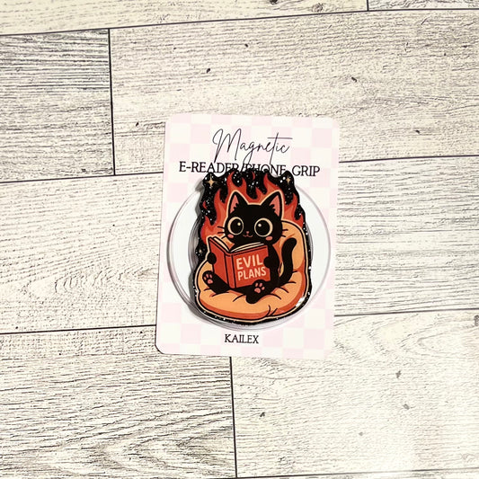 Evil Plans black cat reading a book- E-Reader, Phone, Kindle Grip for all Devices Magnetic Grip