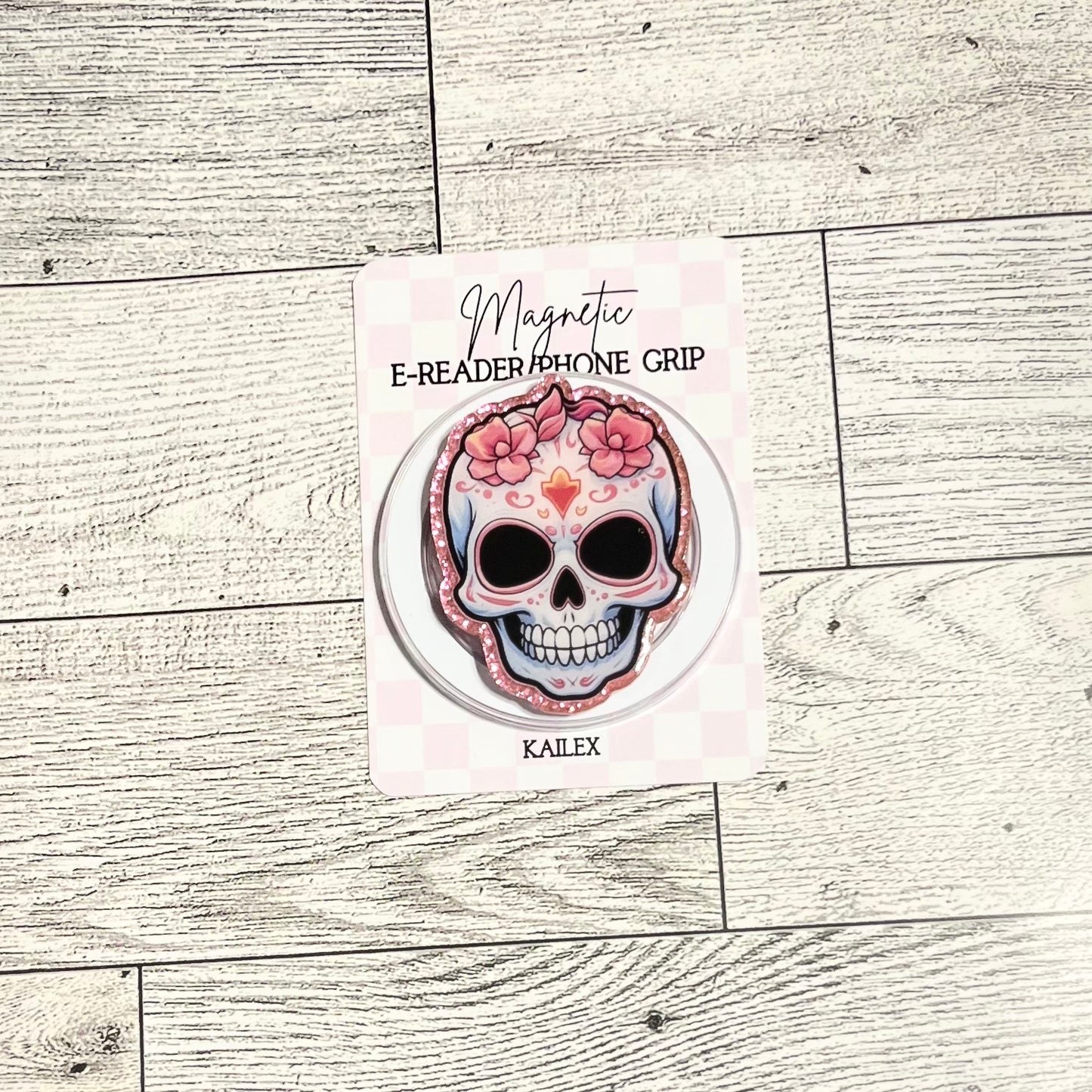 Skull with pink flower crown - E-Reader, Phone, Kindle Grip for all Devices Magnetic Grip