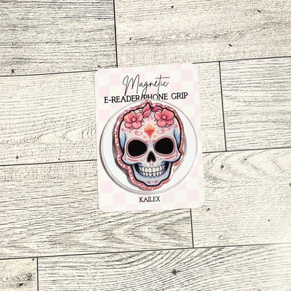 Skull with pink flower crown - E-Reader, Phone, Kindle Grip for all Devices Magnetic Grip