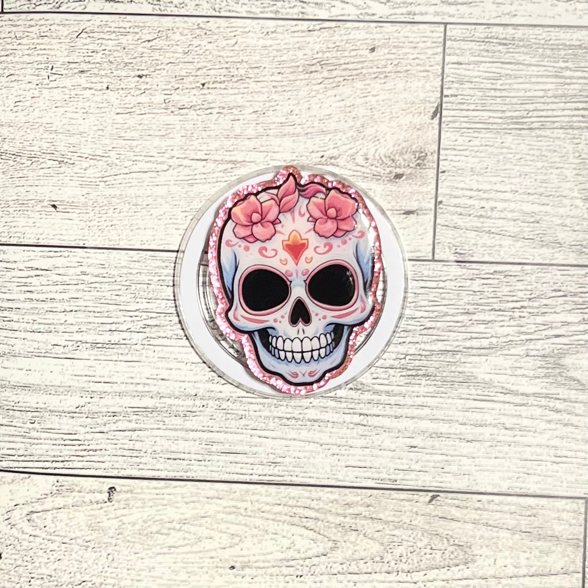 Skull with pink flower crown - E-Reader, Phone, Kindle Grip for all Devices Magnetic Grip