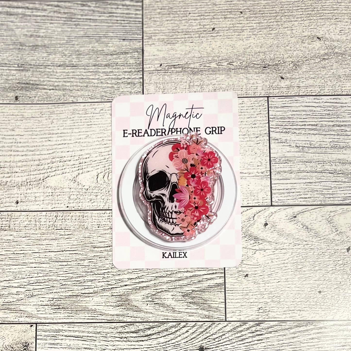 Skull with half pink flowers - E-Reader, Phone, Kindle Grip for all Devices Magnetic Grip