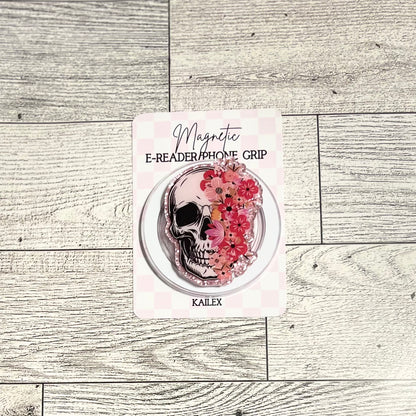 Skull with half pink flowers - E-Reader, Phone, Kindle Grip for all Devices Magnetic Grip