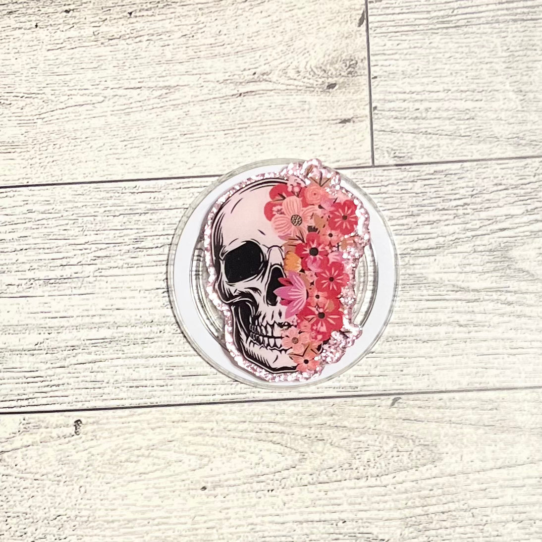 Skull with half pink flowers - E-Reader, Phone, Kindle Grip for all Devices Magnetic Grip