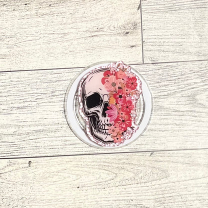 Skull with half pink flowers - E-Reader, Phone, Kindle Grip for all Devices Magnetic Grip