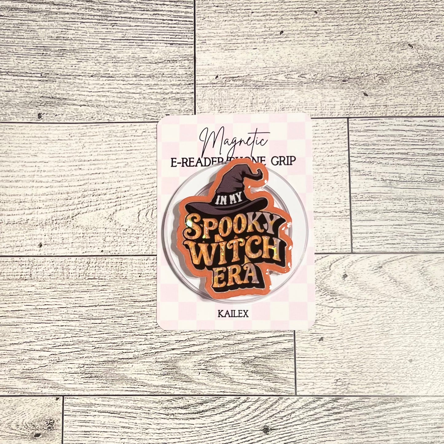 In my Spooky Witch Era Shaker with orange glitter- E-Reader, Phone, Kindle Grip for all Devices Magnetic Grip