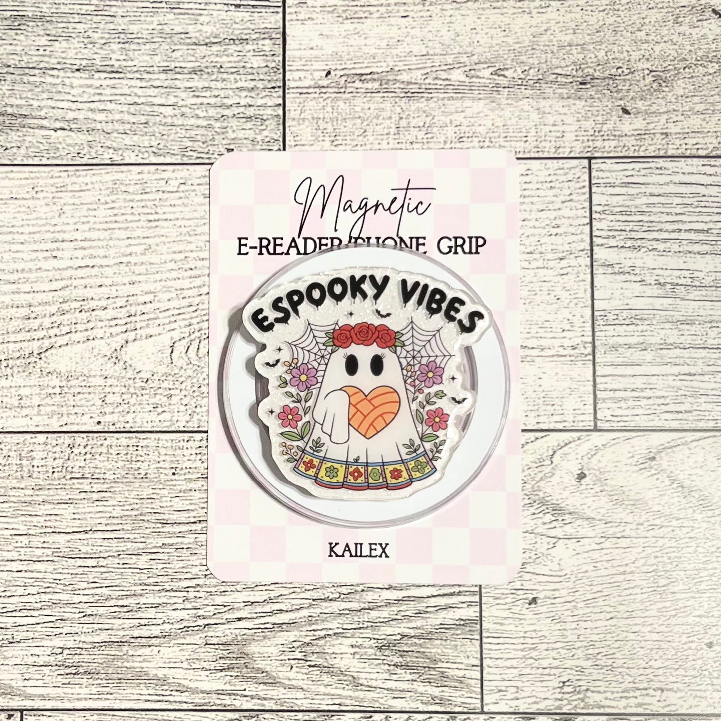 Espooky Vibes ghost with rose crown holding heart concha- E-Reader, Phone, Kindle Grip for all Devices Magnetic Grip