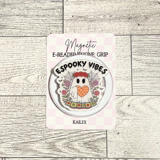 Espooky Vibes ghost with rose crown holding heart concha- E-Reader, Phone, Kindle Grip for all Devices Magnetic Grip