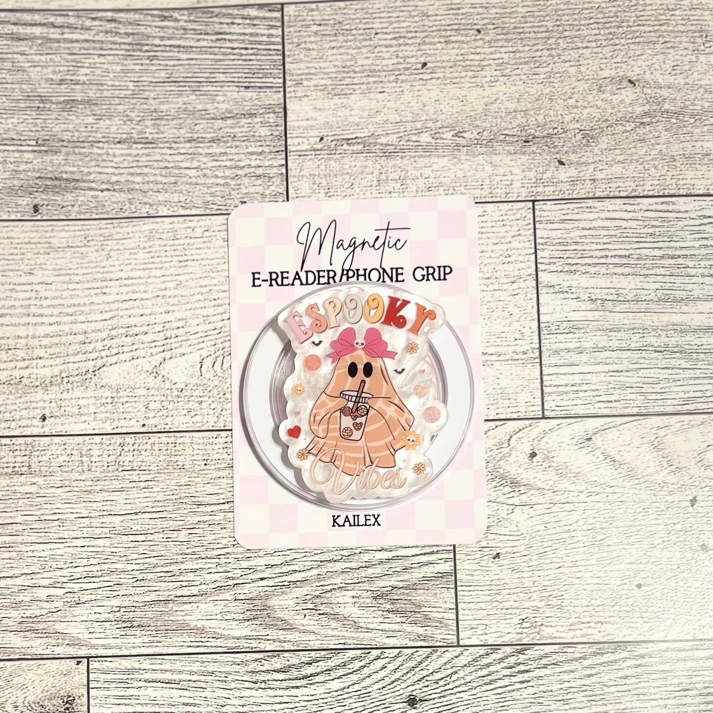 Espooky Vibes Concha ghost drinking iced coffee- E-Reader, Phone, Kindle Grip for all Devices Magnetic Grip