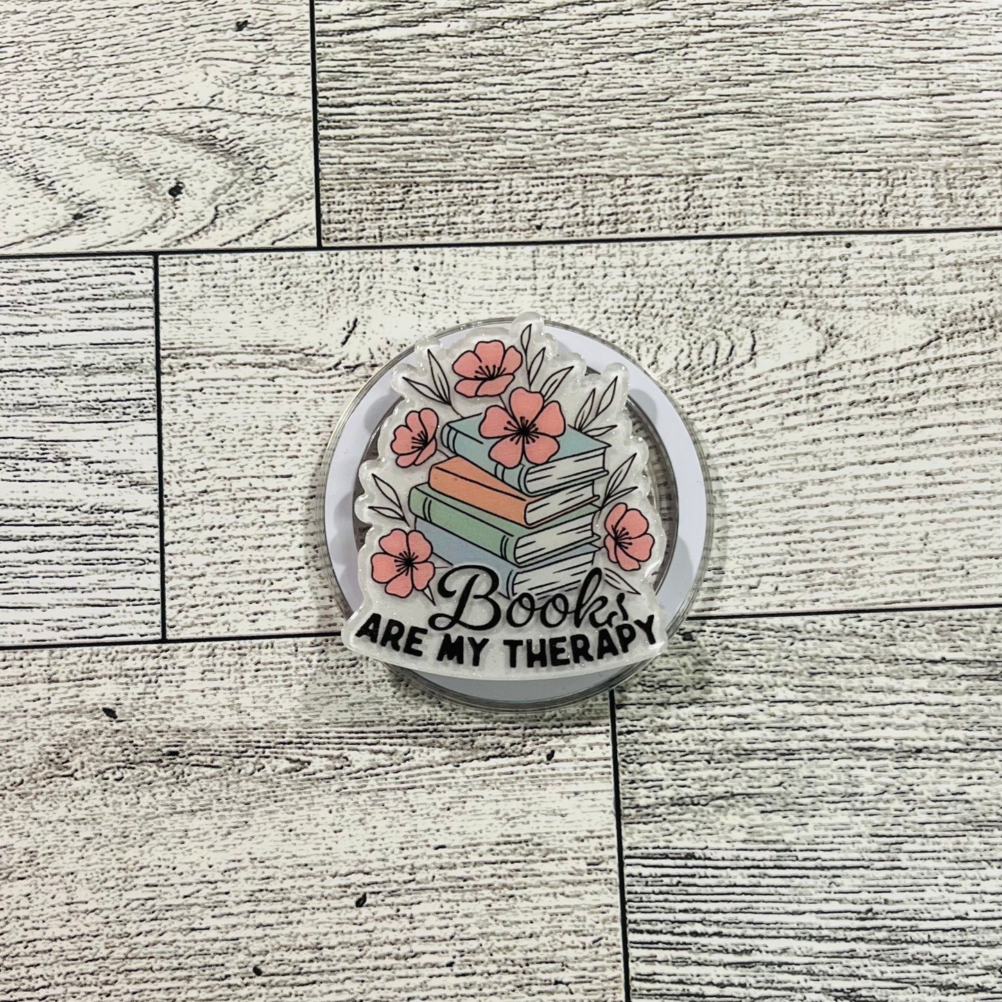 Books are my therapy stacked books with peach flowers- E-Reader, Phone, Kindle Grip for all Devices Magnetic Grip
