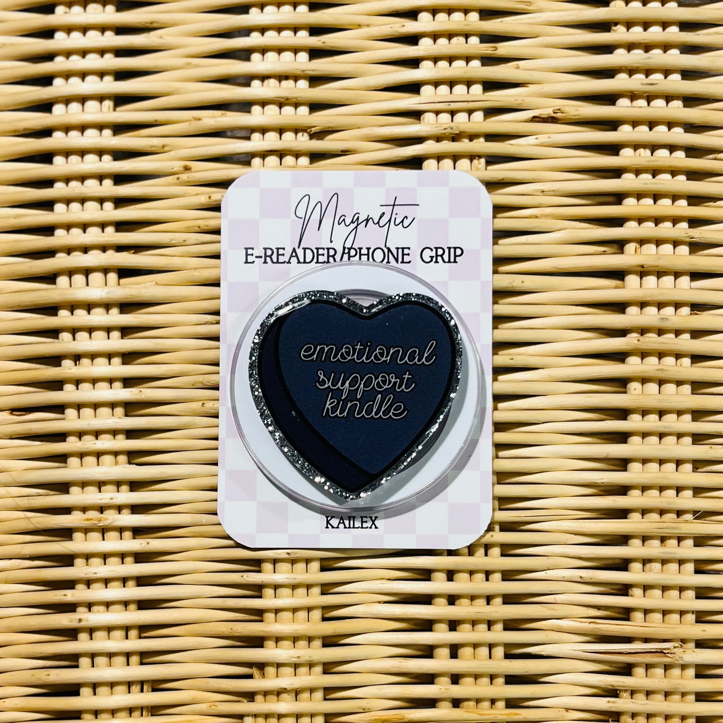 Emotional Support Kindle black heart - E-Reader, Phone, Kindle Grip for all Devices Magnetic Grip