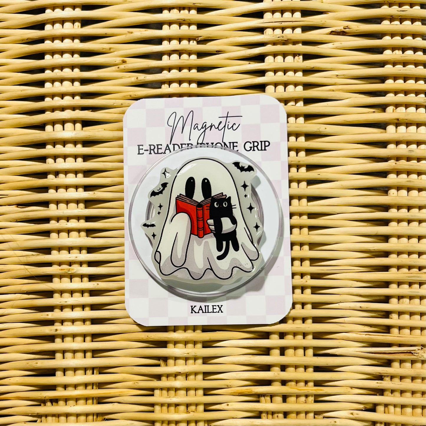 Glow in the dark Ghost reading book holding black cat - E-Reader, Phone, Kindle Grip for all Devices Magnetic Grip