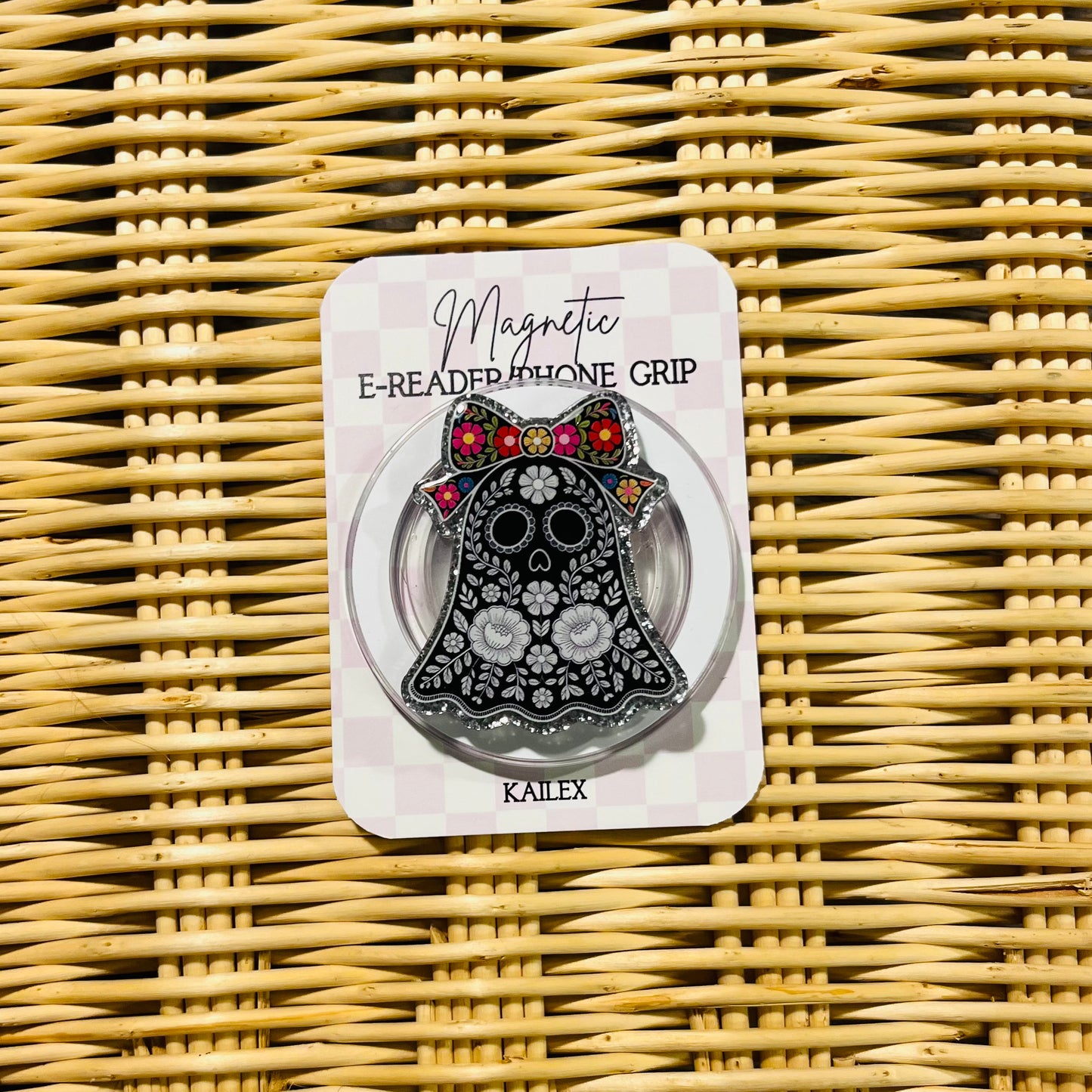 DOD Black and White ghost with colorful bow - E-Reader, Phone, Kindle Grip for all Devices Magnetic Grip