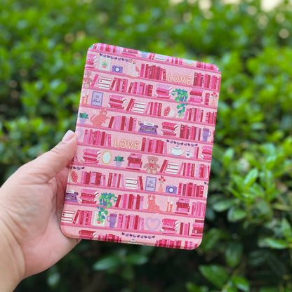7" Pink Love Bookshelf Kindle case for Colorsoft and Paperwhite 12th Gen. magnetic case with clear back, removable back with handle