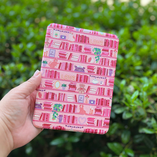 7" Pink Love Bookshelf Kindle case for Colorsoft and Paperwhite 12th Gen. magnetic case with clear back, removable back with handle