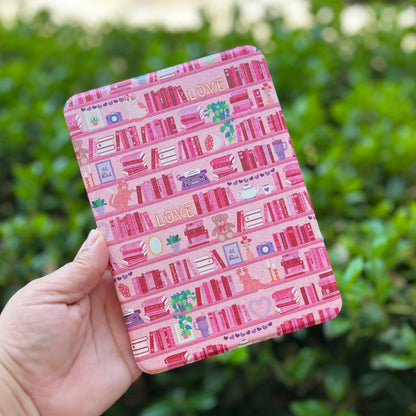 7" Pink Love Bookshelf Kindle case for Colorsoft and Paperwhite 12th Gen. magnetic case with clear back, removable back with handle