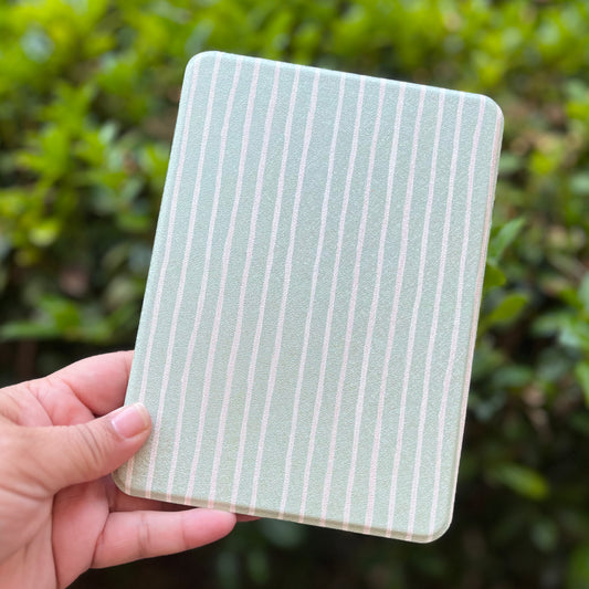 7" Sage Stripe Kindle case for Colorsoft and Paperwhite 12th Gen. magnetic case with clear back, removable back with handle